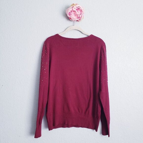 Liquid by Sioni Burgundy Wine Embellished Rhinestone Sweater - Picture 7 of 7